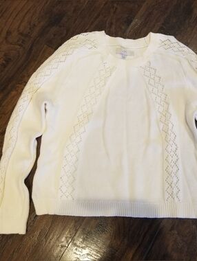 LOFT Cream Openwork Crewneck Sweater